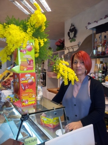 Lovely laura with her gift of Mimosa from our garden.  A little thank you to a hard working lady. Photo J Finnigan.